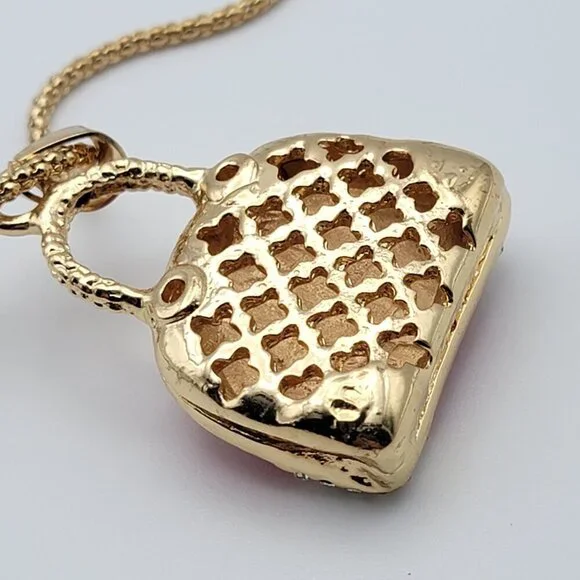 Betsey Johnson Red Enamel Purse Pendant Necklace Gold-Tone Clear Crystal 30 Inch - Picture 6 of 8